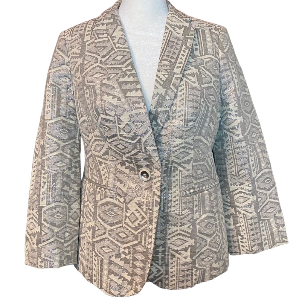 NWT The Limited Aztec Printed Cream & Metallic Silver Blazer Sz S F25